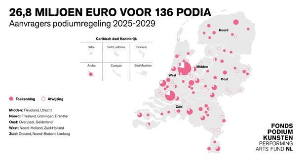 Kaart van Nederland en Caribisch deel Koninkrijk waarop spreiding van de podiumregeling is weergegeven. | Beeld: © Taluut